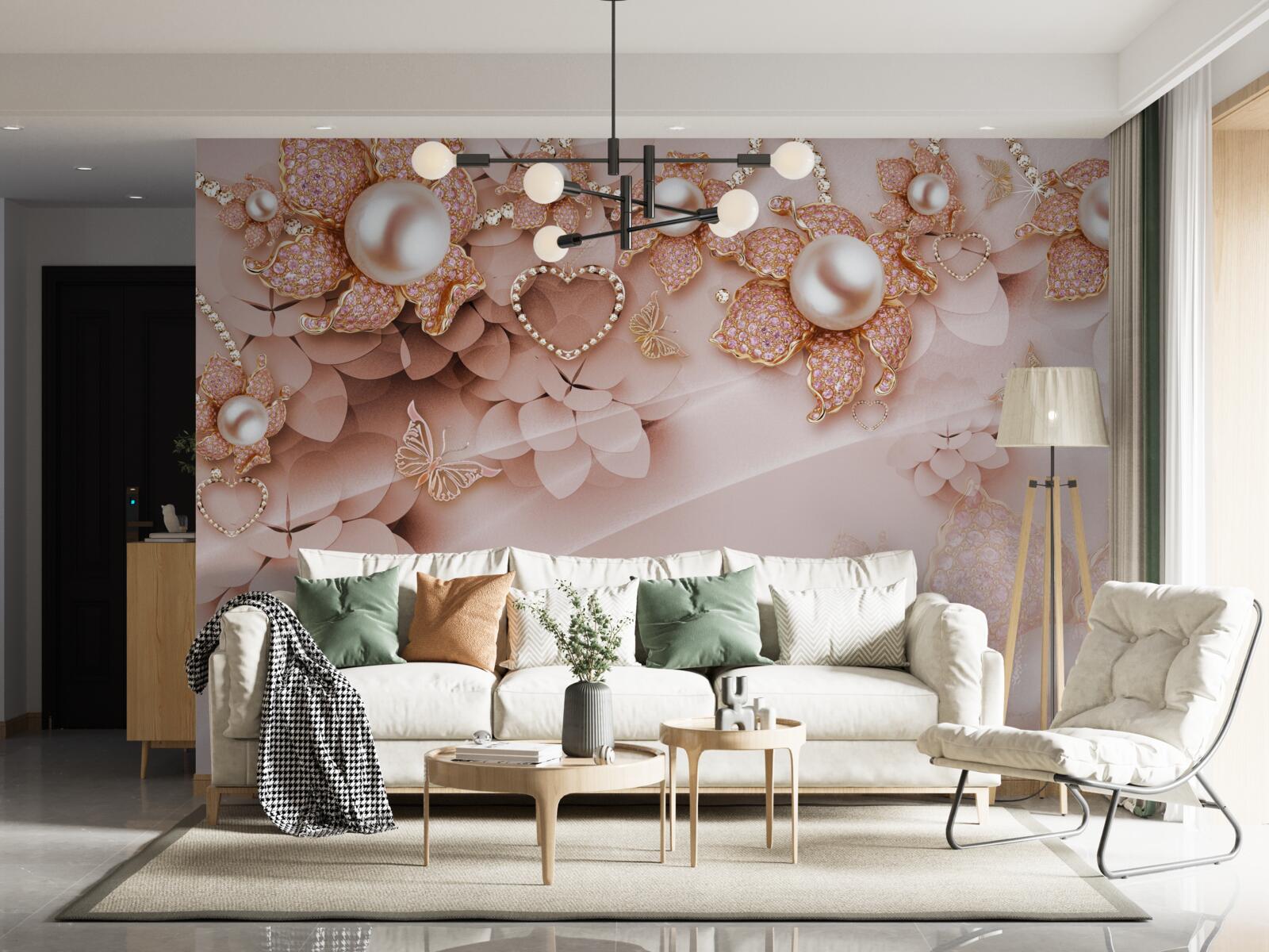 Fotobehang bloemvormige parels in gouden zettingen