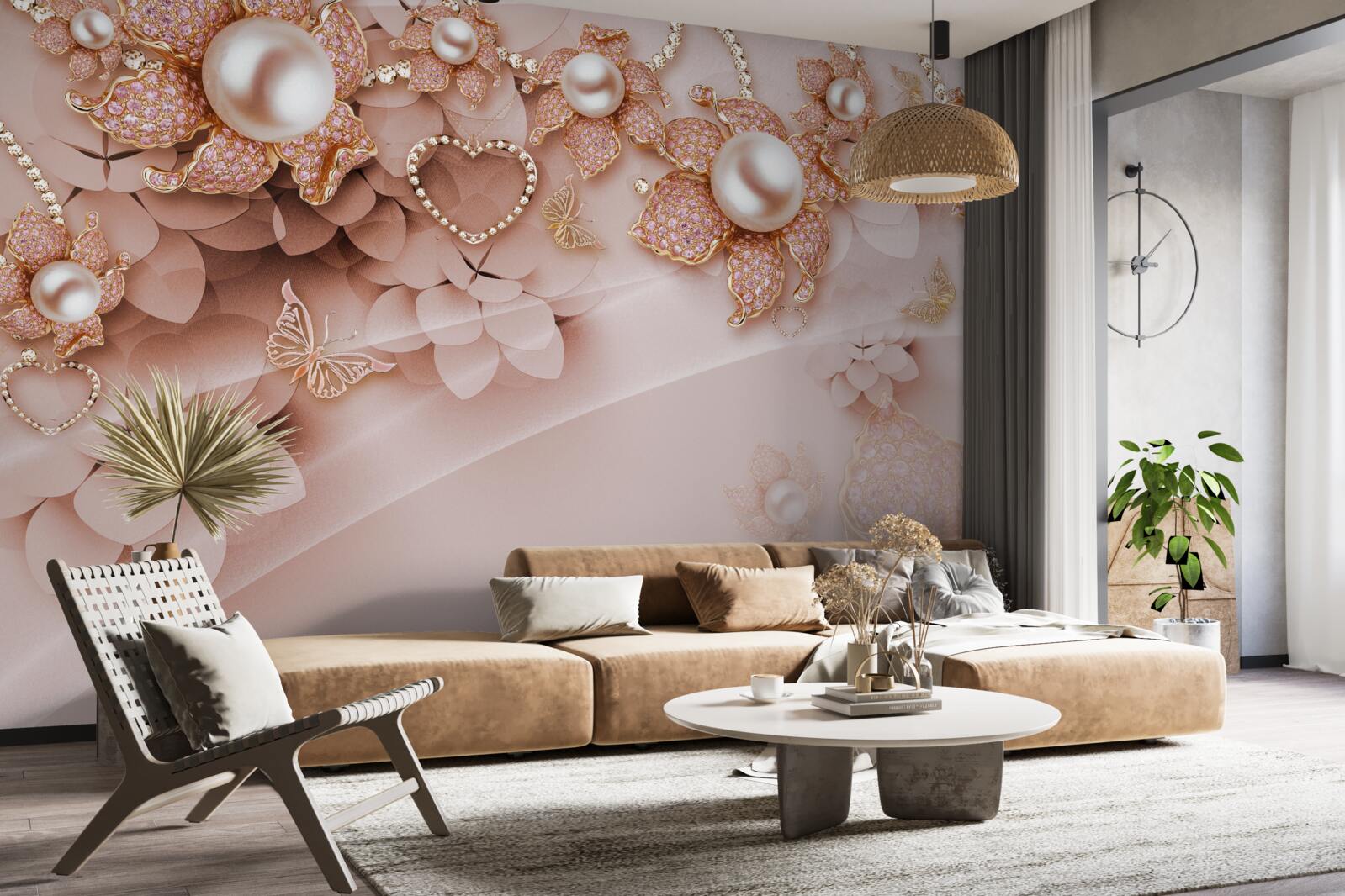 Fotobehang bloemvormige parels in gouden zettingen