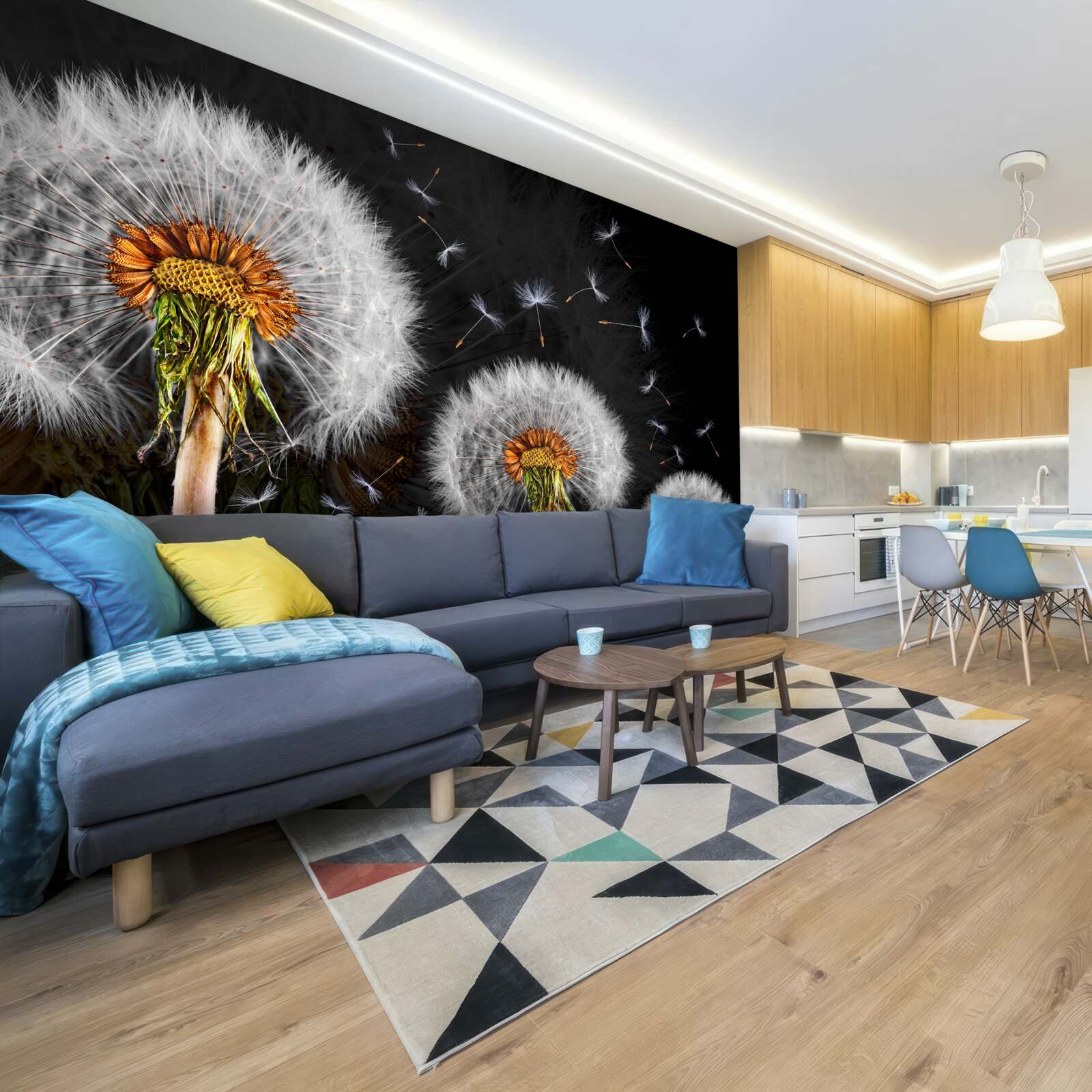 Fotobehang groeiende, verspreide paardenbloemblaadjes