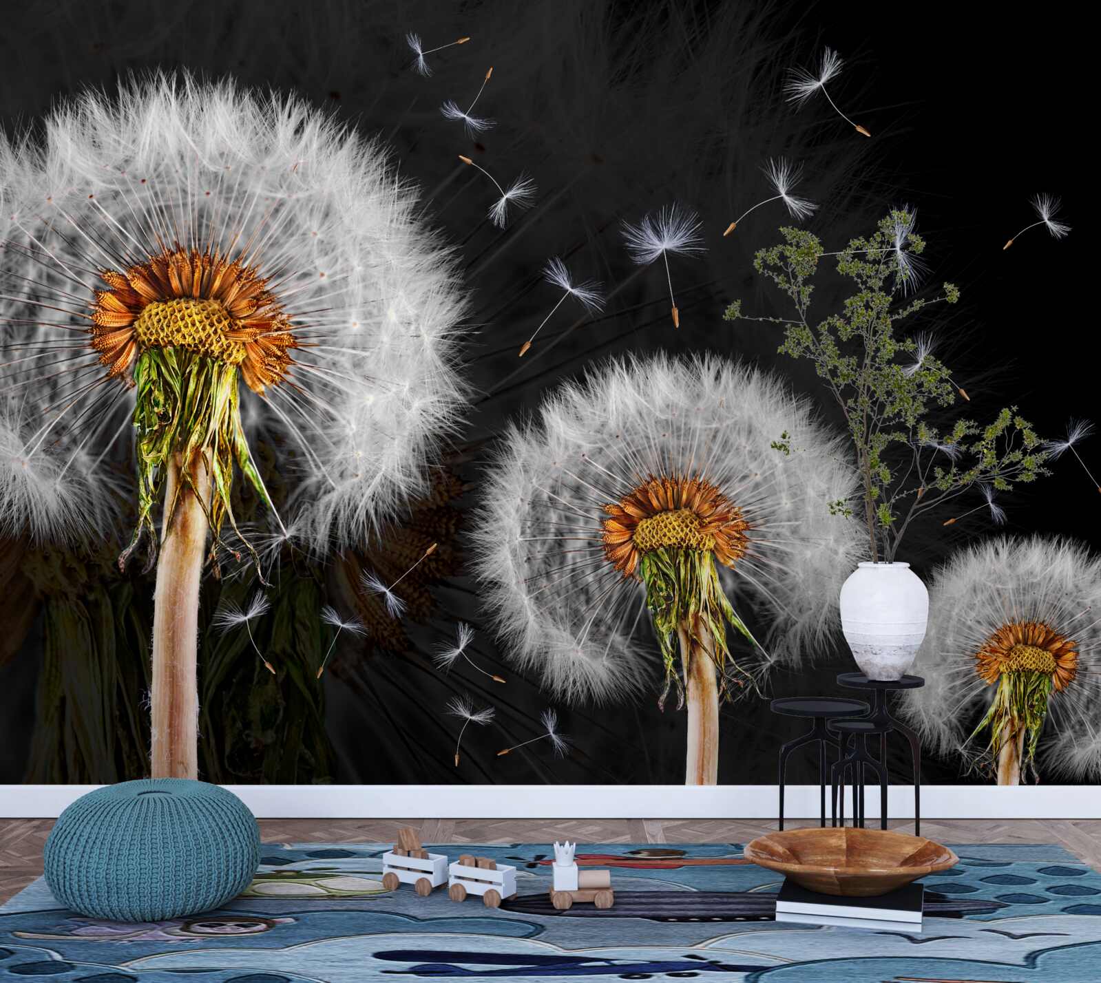 Fotobehang groeiende, verspreide paardenbloemblaadjes