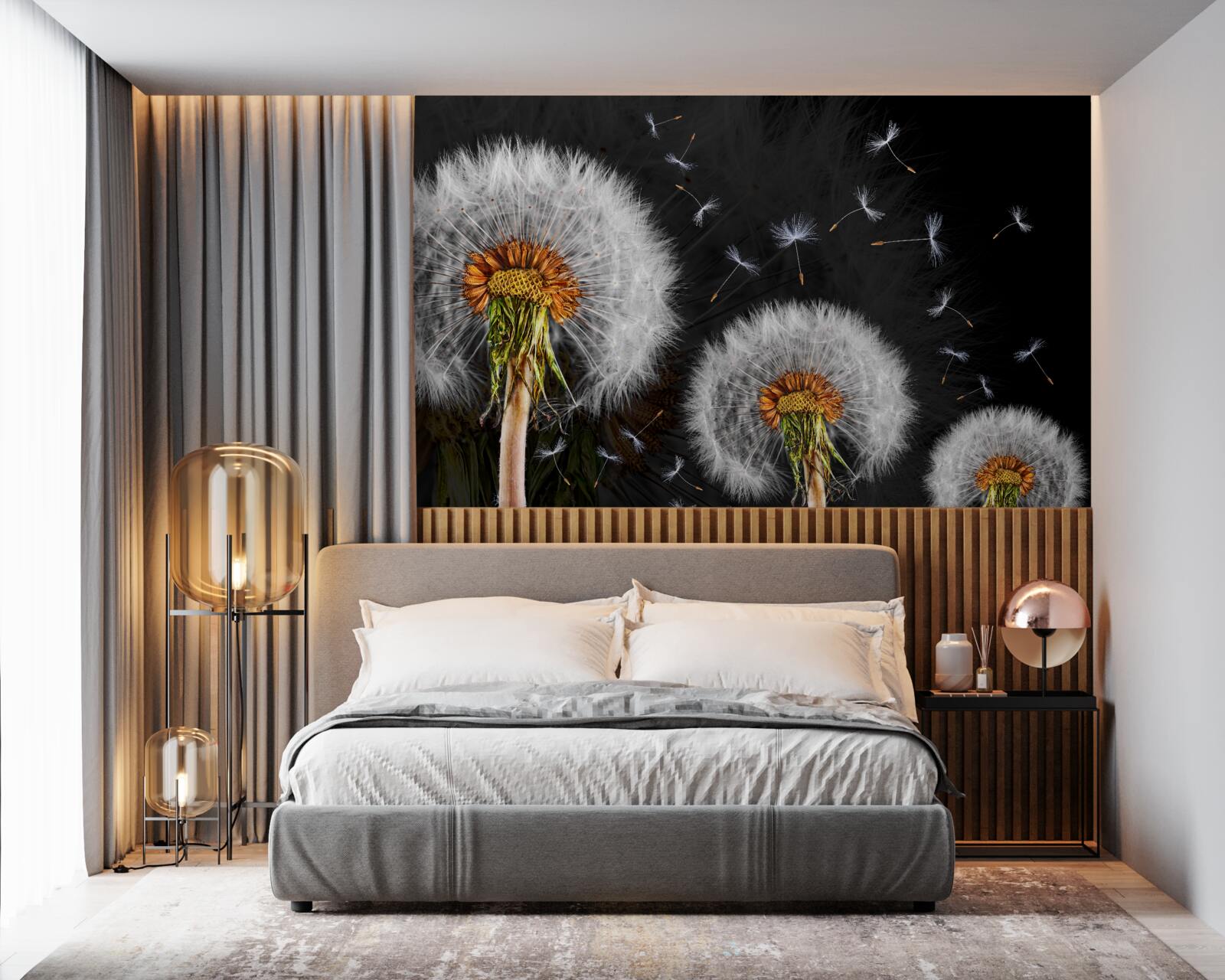 Fotobehang groeiende, verspreide paardenbloemblaadjes