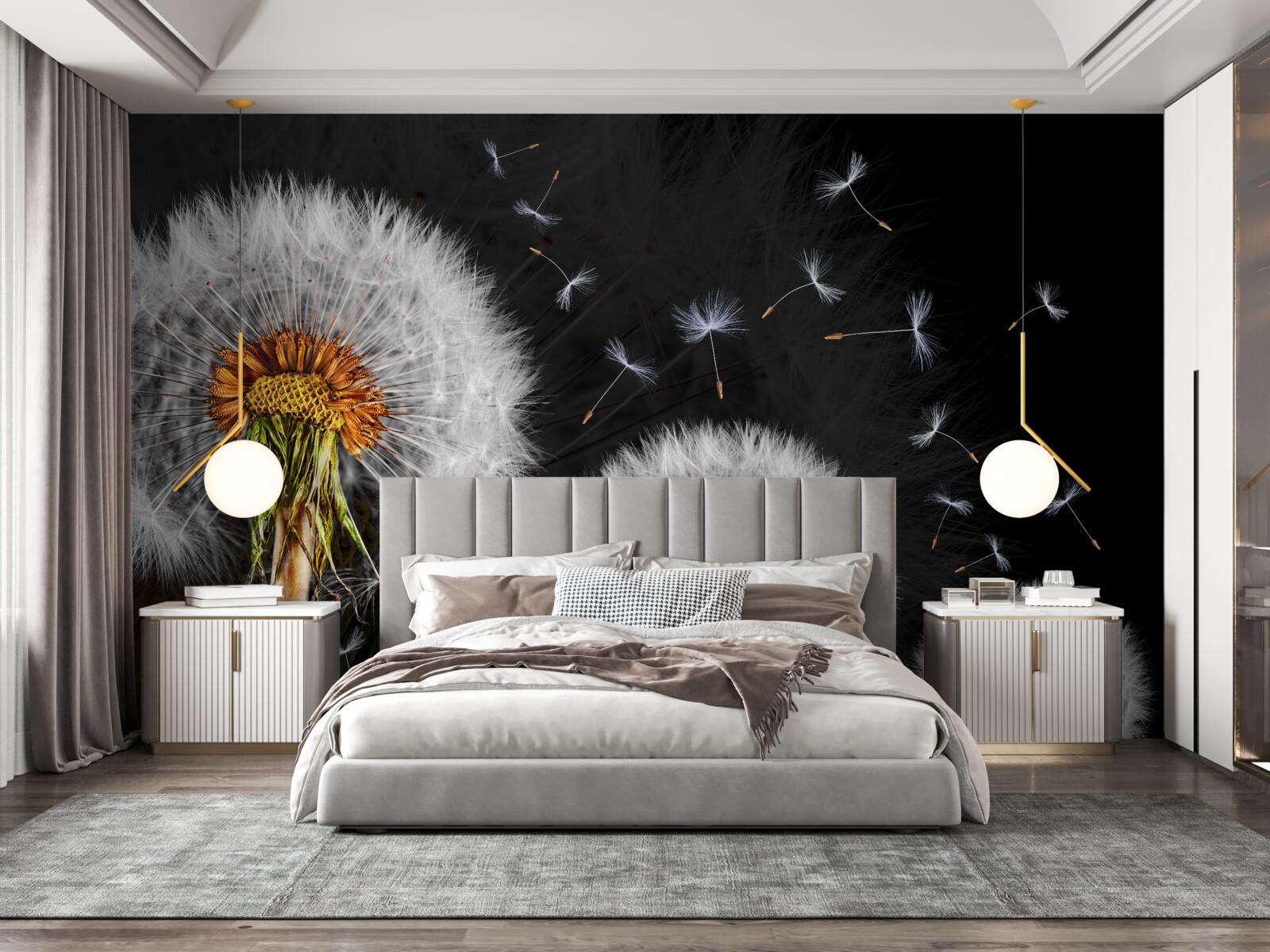 Fotobehang groeiende, verspreide paardenbloemblaadjes