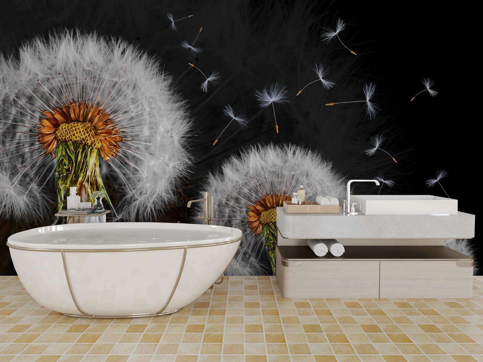 Fotobehang groeiende, verspreide paardenbloemblaadjes