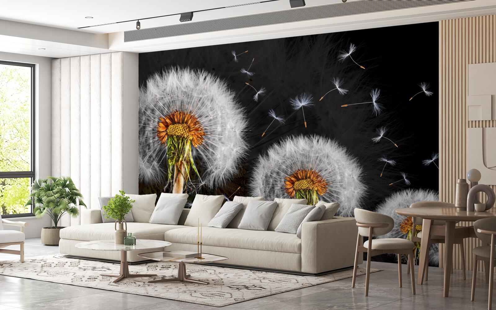 Fotobehang groeiende, verspreide paardenbloemblaadjes