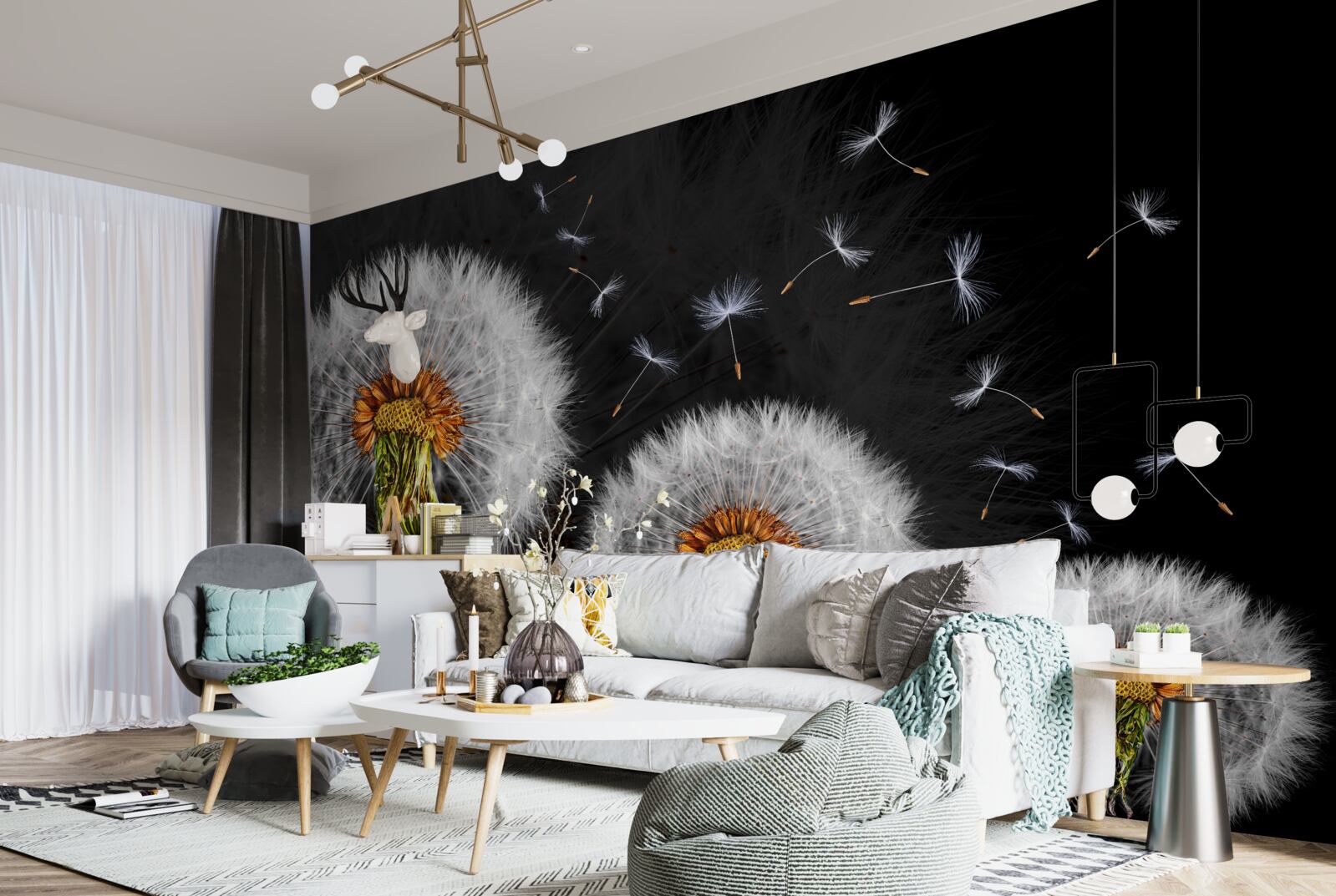 Fotobehang groeiende, verspreide paardenbloemblaadjes