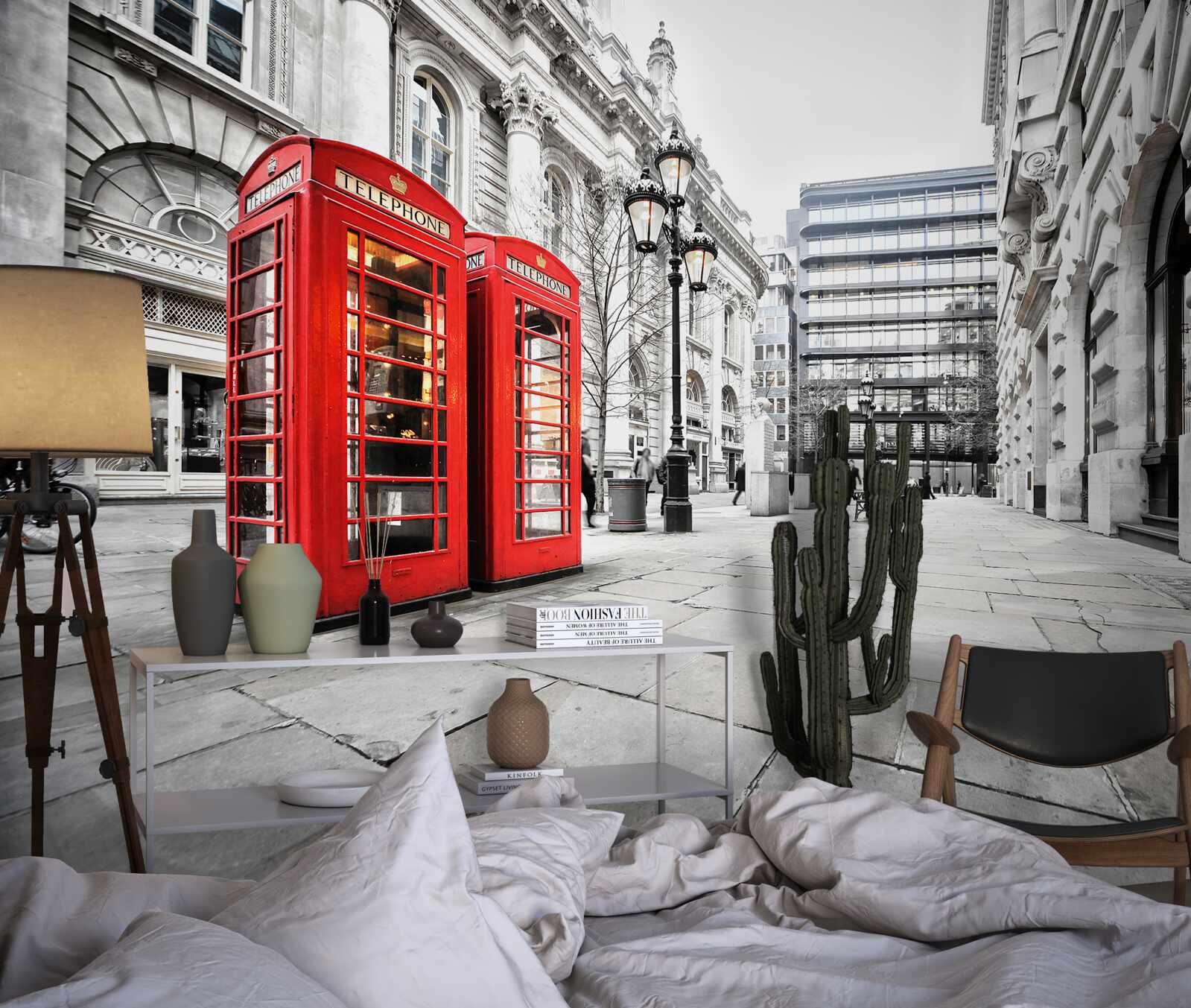 Fotobehang rode telefooncellen in de straten