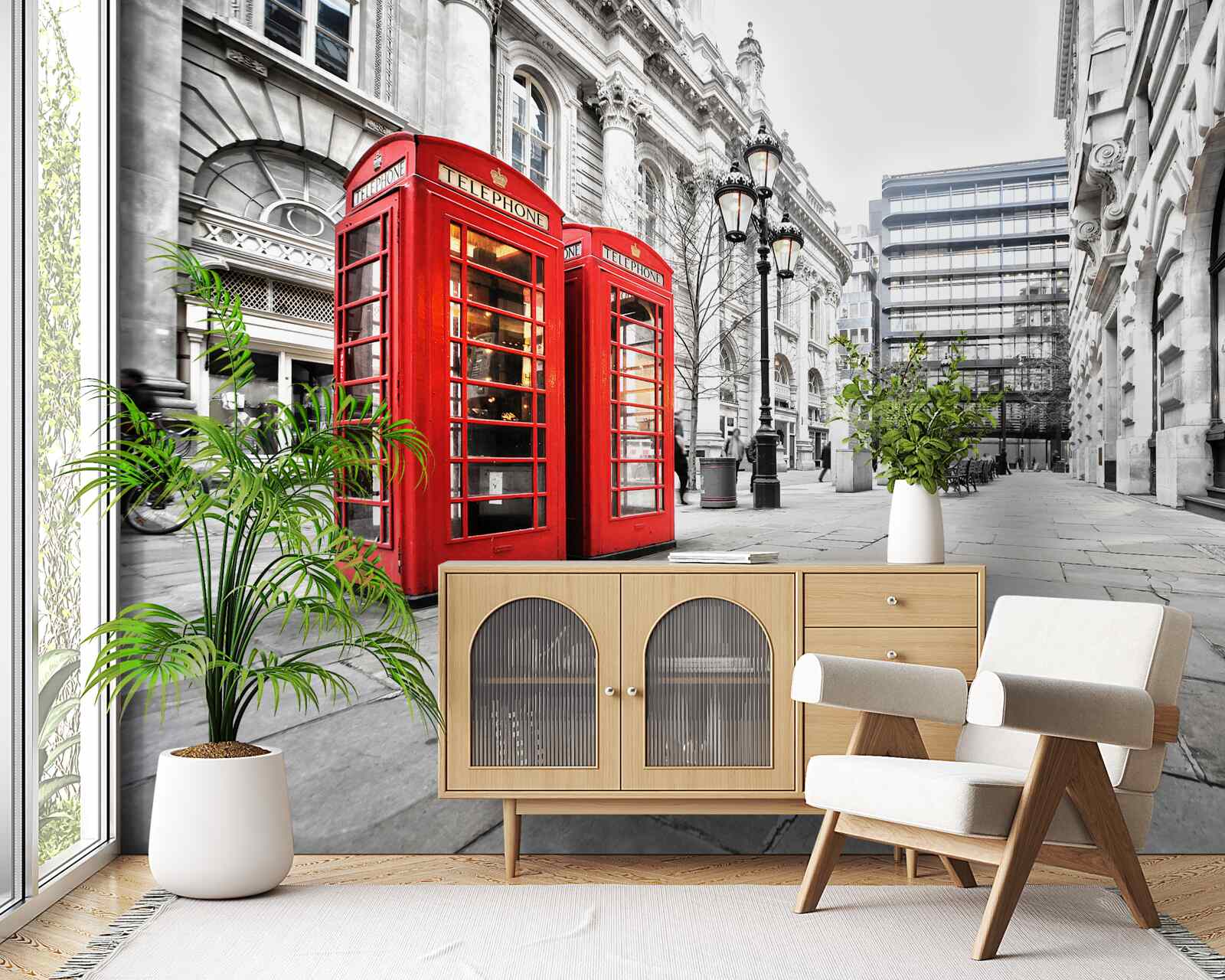 Fotobehang rode telefooncellen in de straten