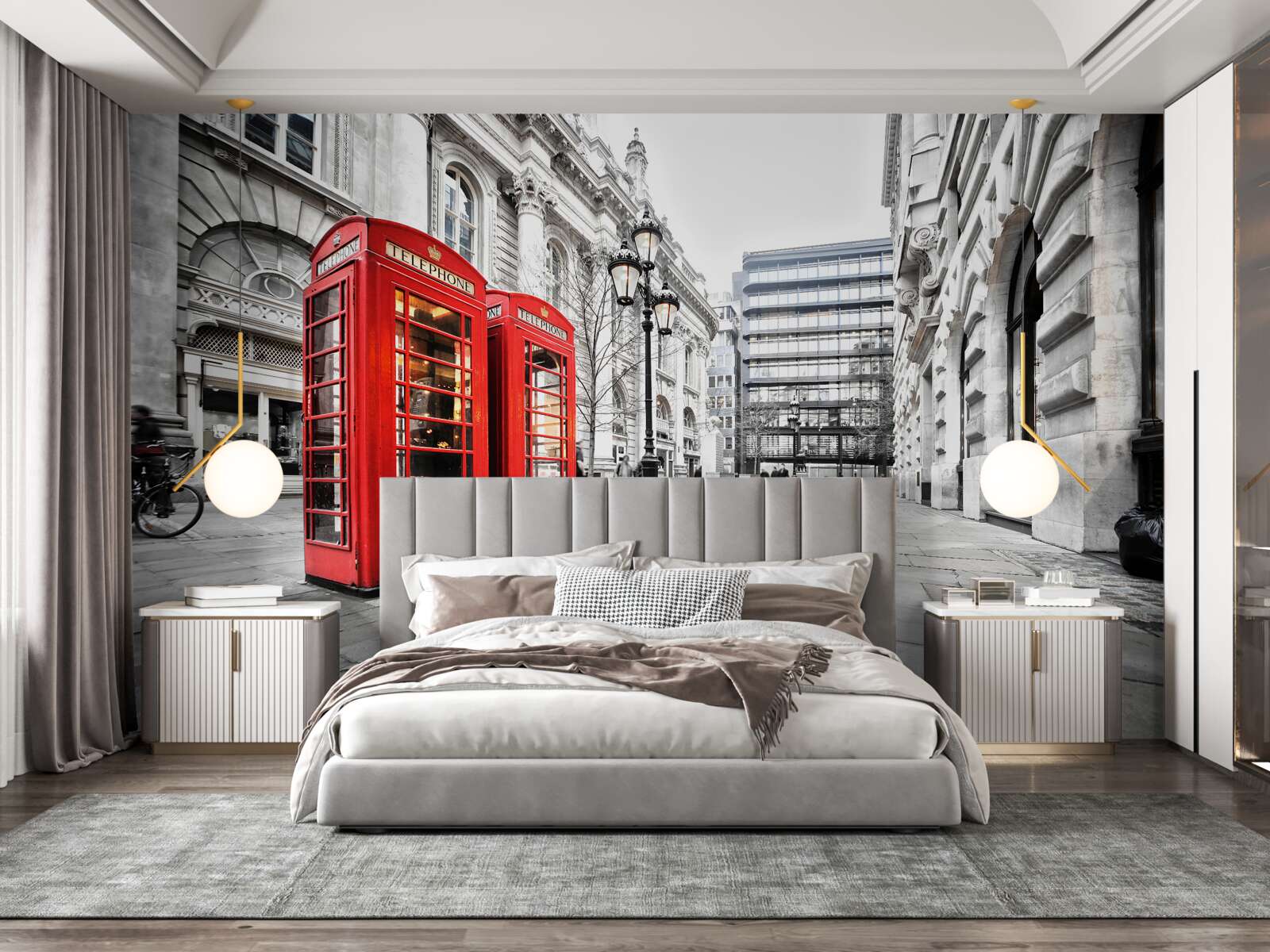 Fotobehang rode telefooncellen in de straten