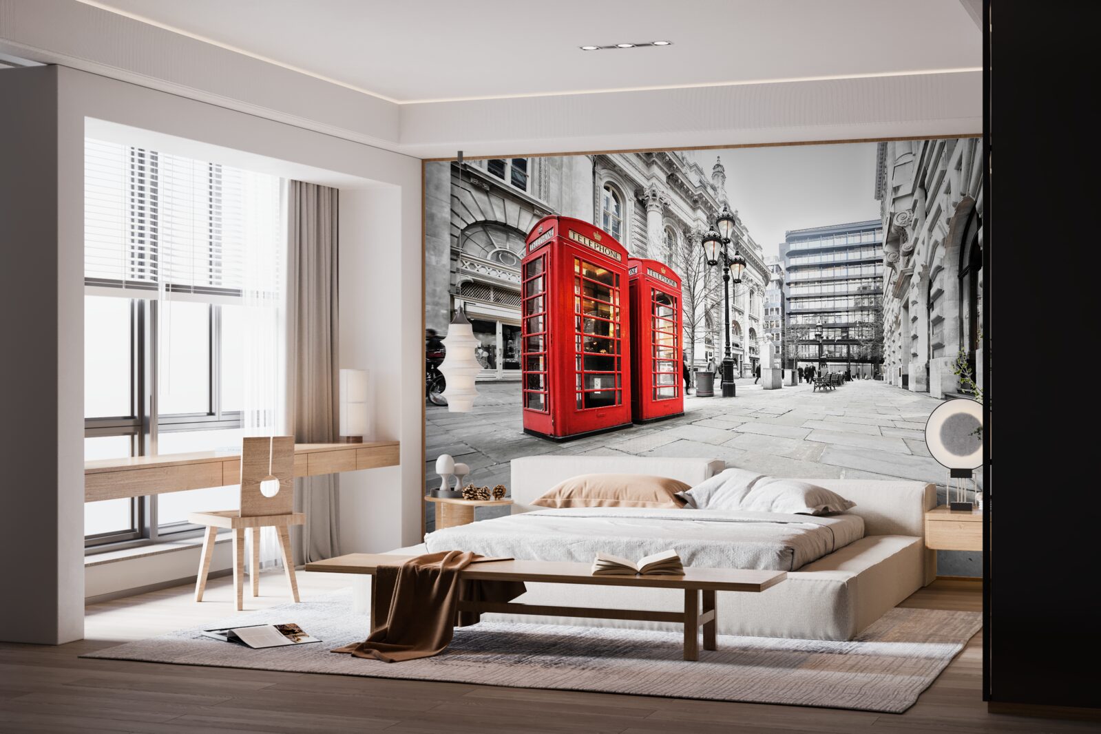 Fotobehang rode telefooncellen in de straten