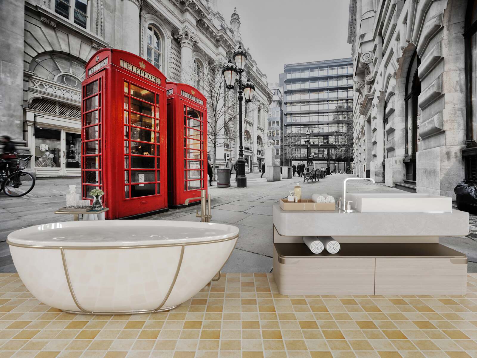 Fotobehang rode telefooncellen in de straten