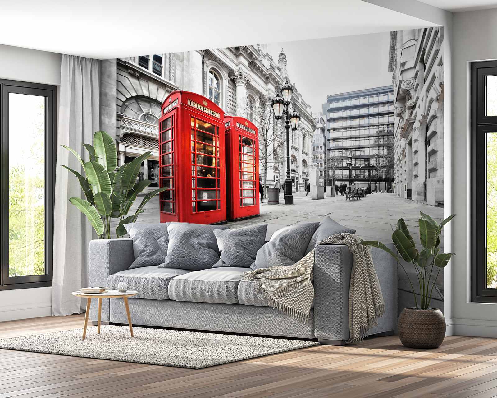 Fotobehang rode telefooncellen in de straten
