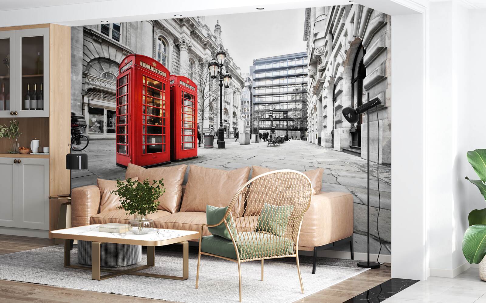 Fotobehang rode telefooncellen in de straten