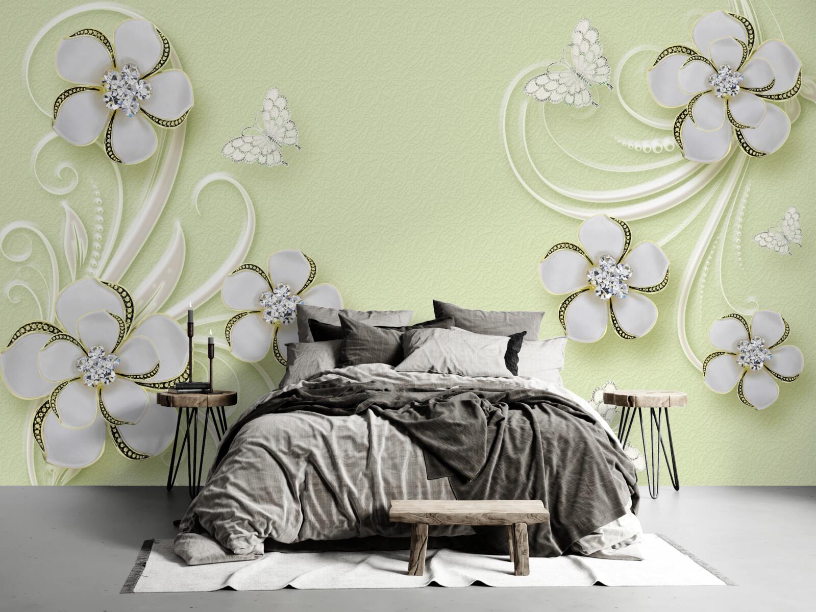 Fotobehang gouden vlinders vestigden zich op sneeuwwitte bloemen