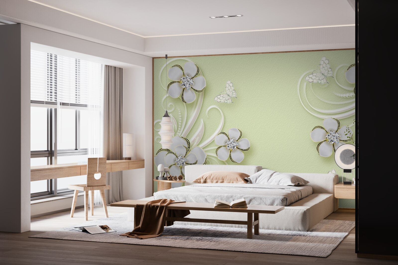 Fotobehang gouden vlinders vestigden zich op sneeuwwitte bloemen