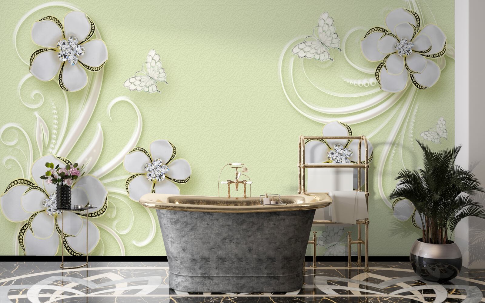 Fotobehang gouden vlinders vestigden zich op sneeuwwitte bloemen