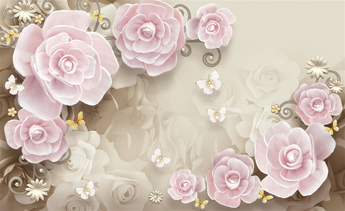 Fotobehang zachte rozen in roze tinten met parels in het midden