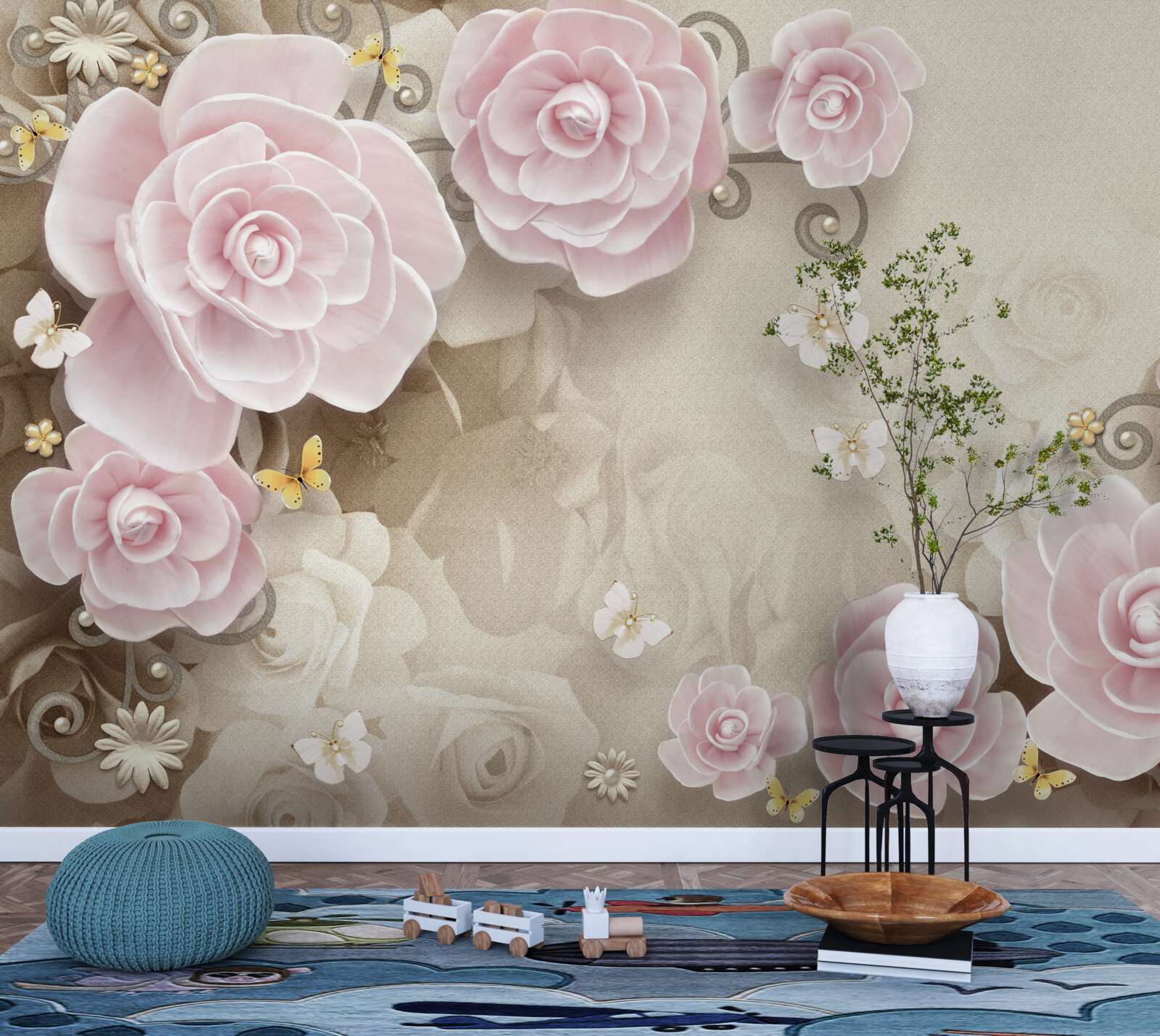 Fotobehang zachte rozen in roze tinten met parels in het midden