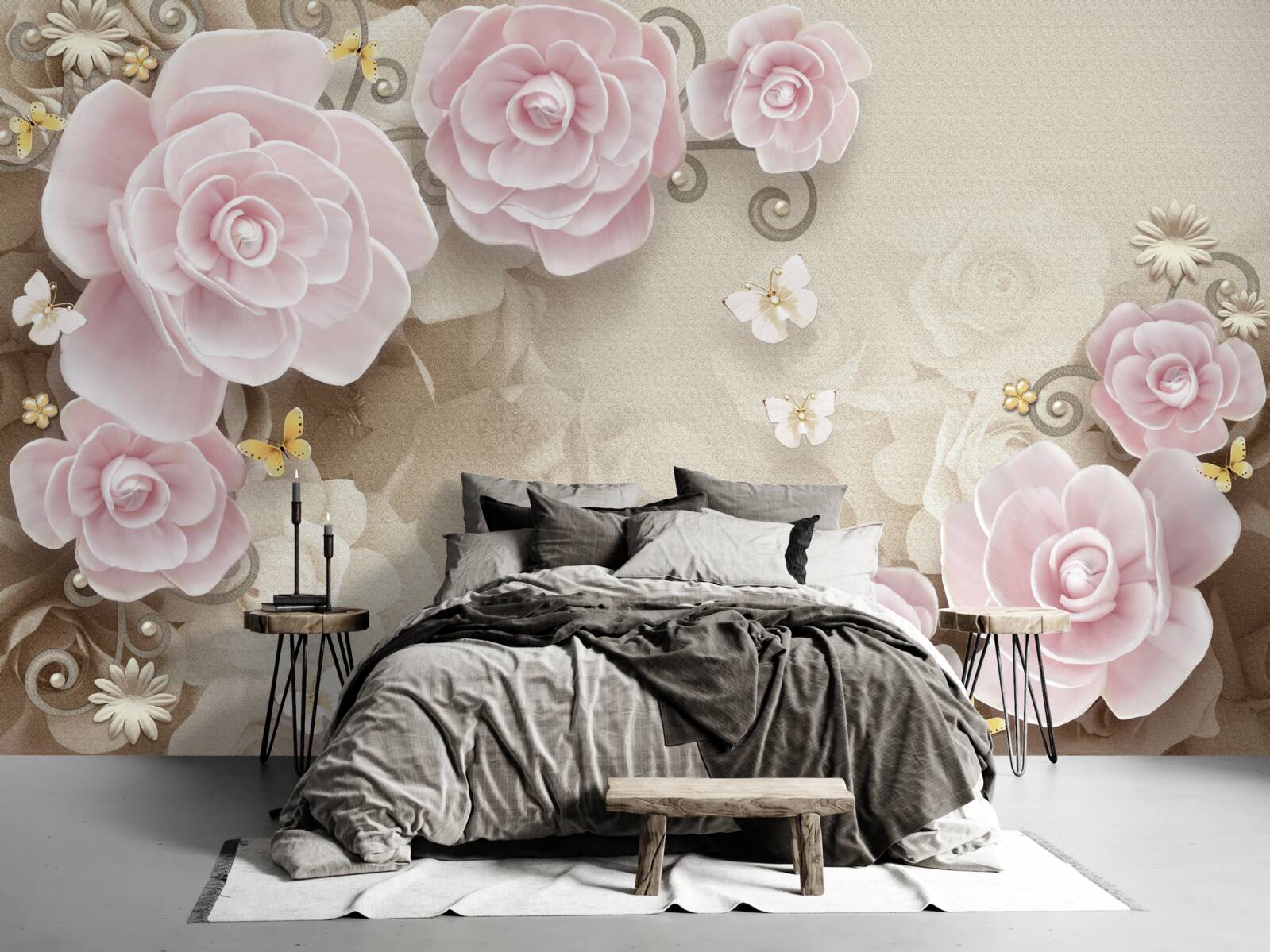 Fotobehang zachte rozen in roze tinten met parels in het midden