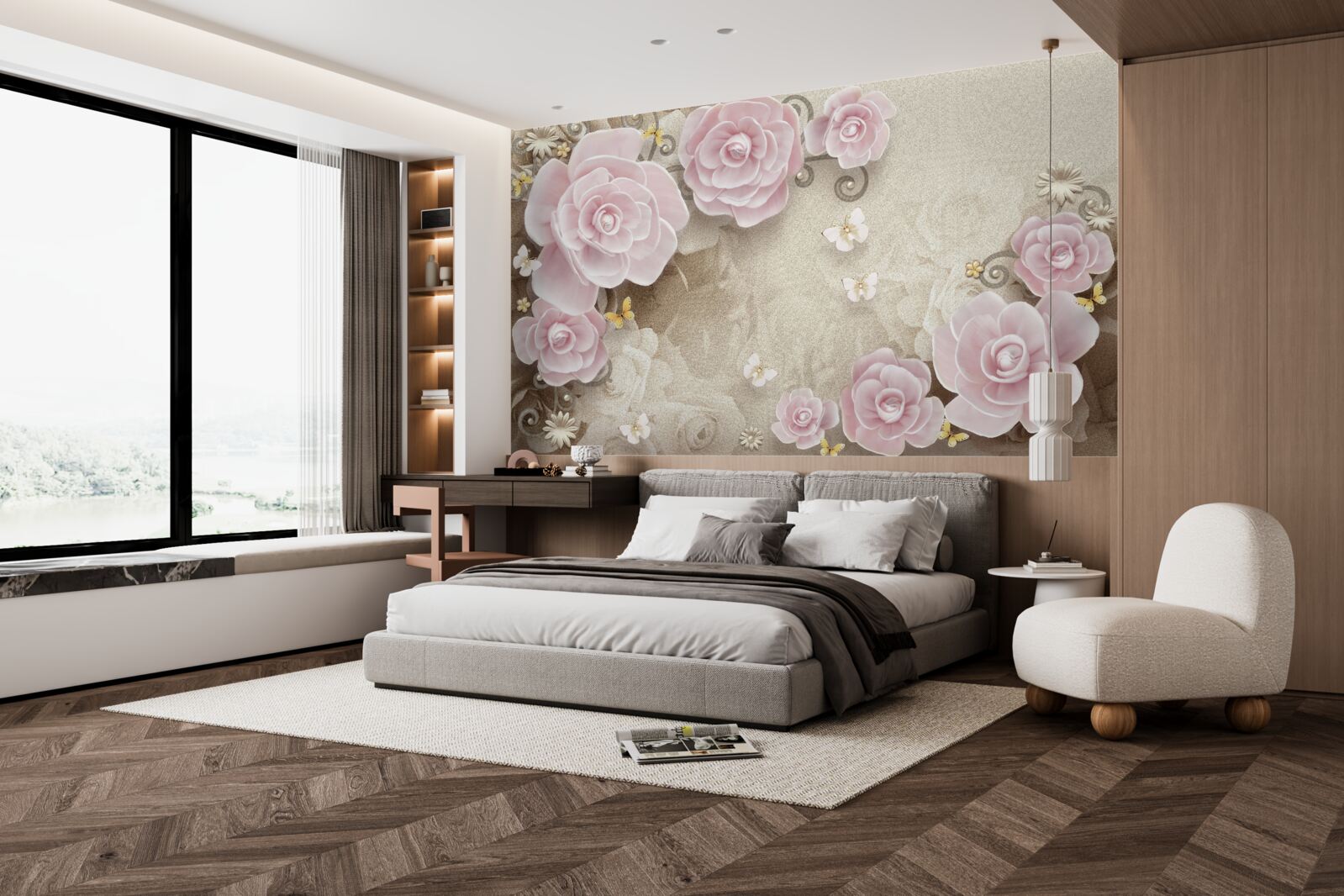 Fotobehang zachte rozen in roze tinten met parels in het midden