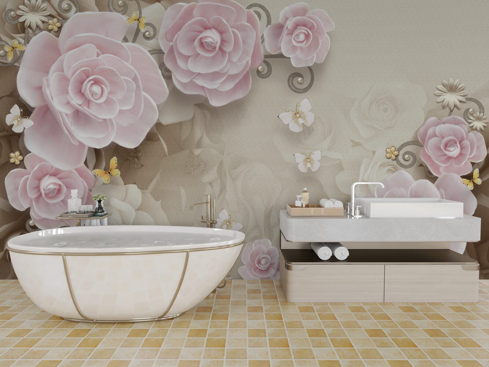 Fotobehang zachte rozen in roze tinten met parels in het midden