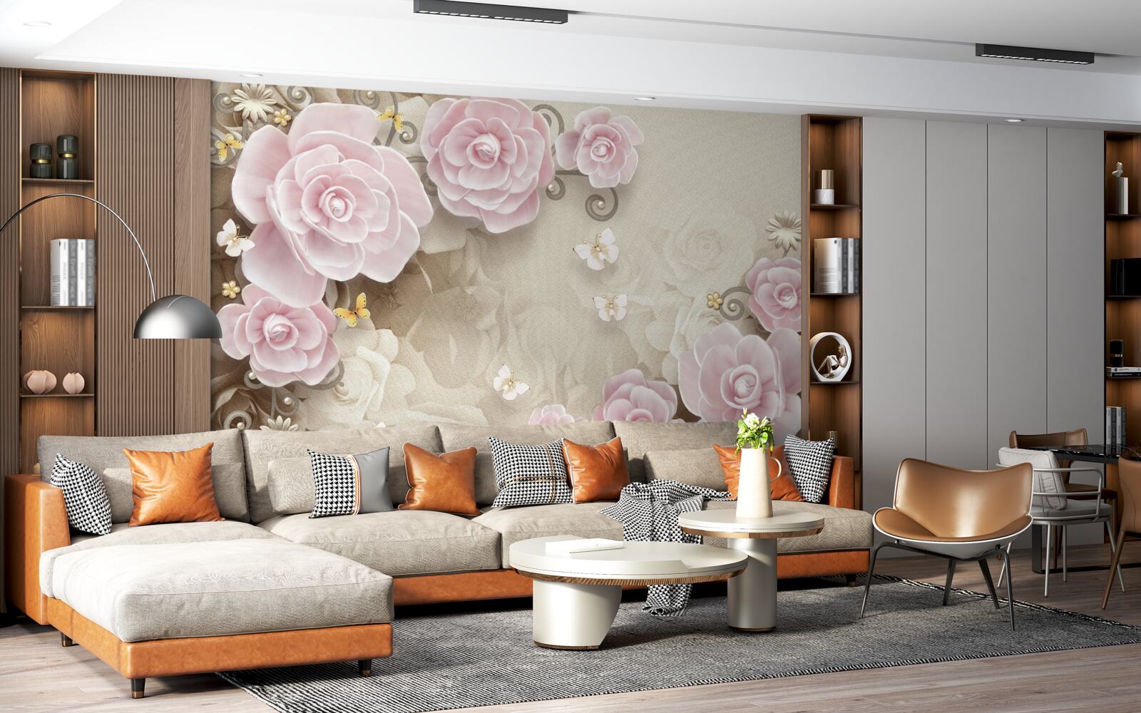 Fotobehang zachte rozen in roze tinten met parels in het midden