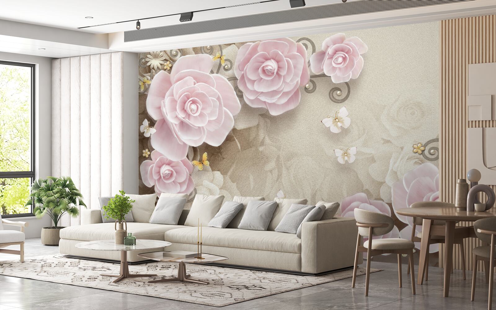 Fotobehang zachte rozen in roze tinten met parels in het midden