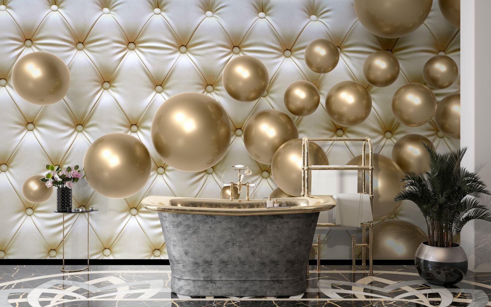 Fotobehang gouden kralen op leren omslag