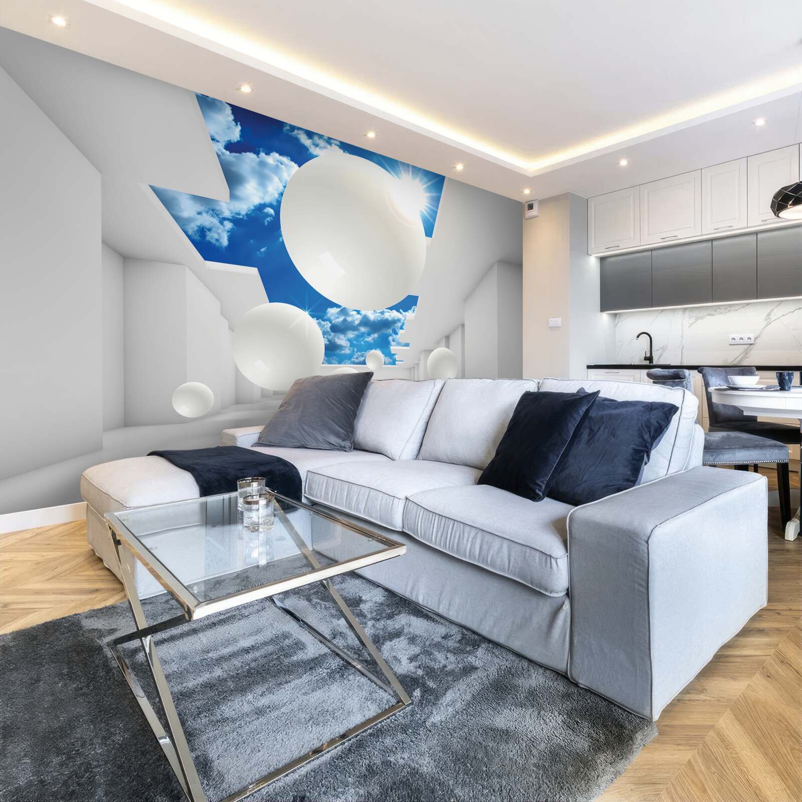 Fotobehang grote witte ballen tegen een achtergrond van lucht en zon