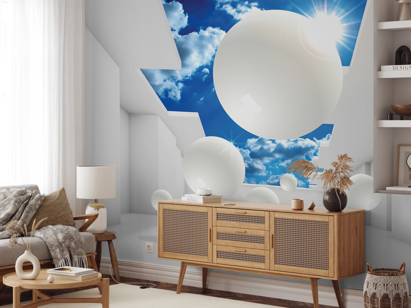 Fotobehang grote witte ballen tegen een achtergrond van lucht en zon