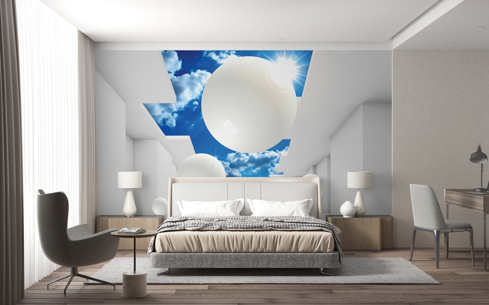 Fotobehang grote witte ballen tegen een achtergrond van lucht en zon