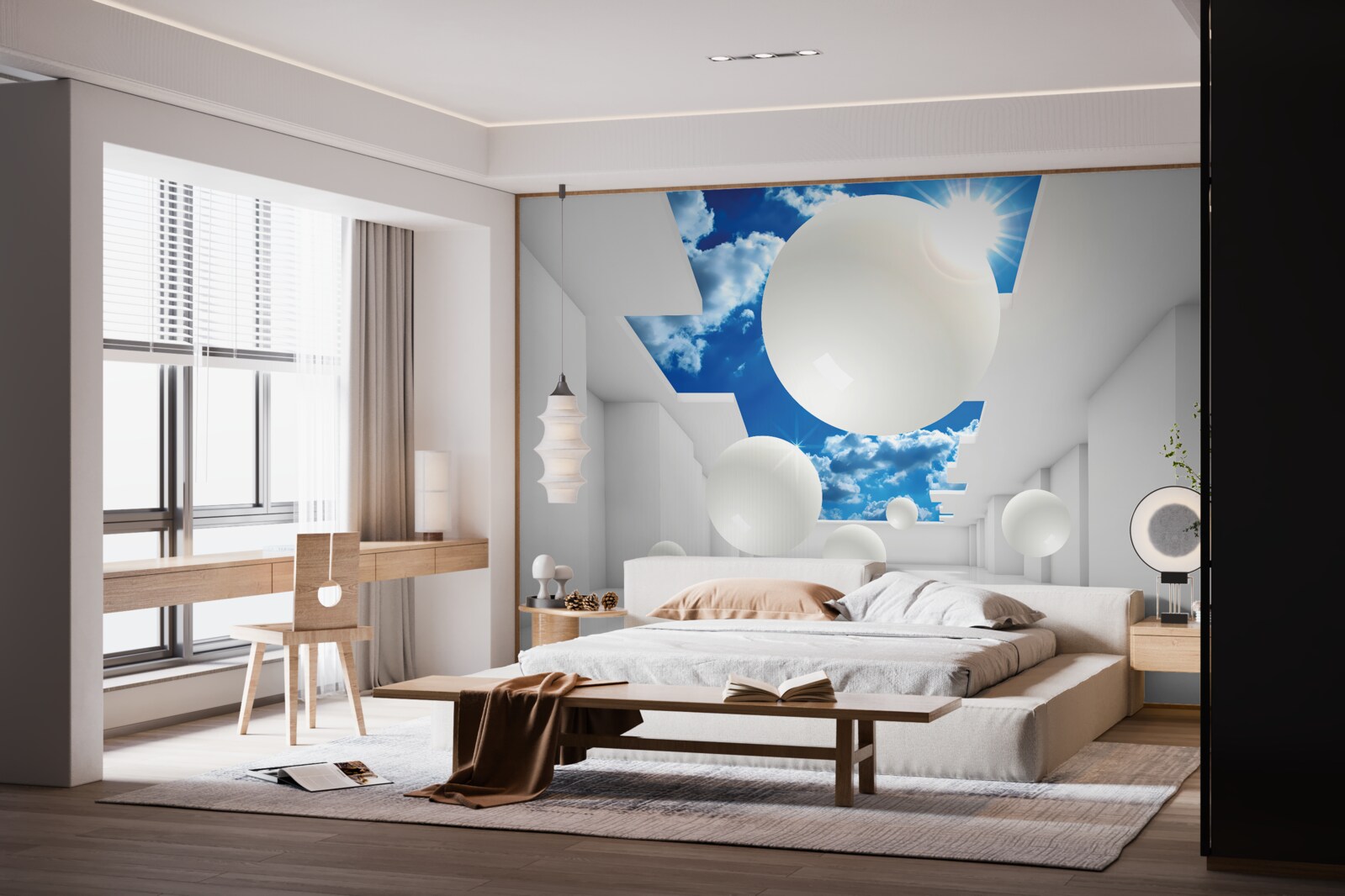 Fotobehang grote witte ballen tegen een achtergrond van lucht en zon