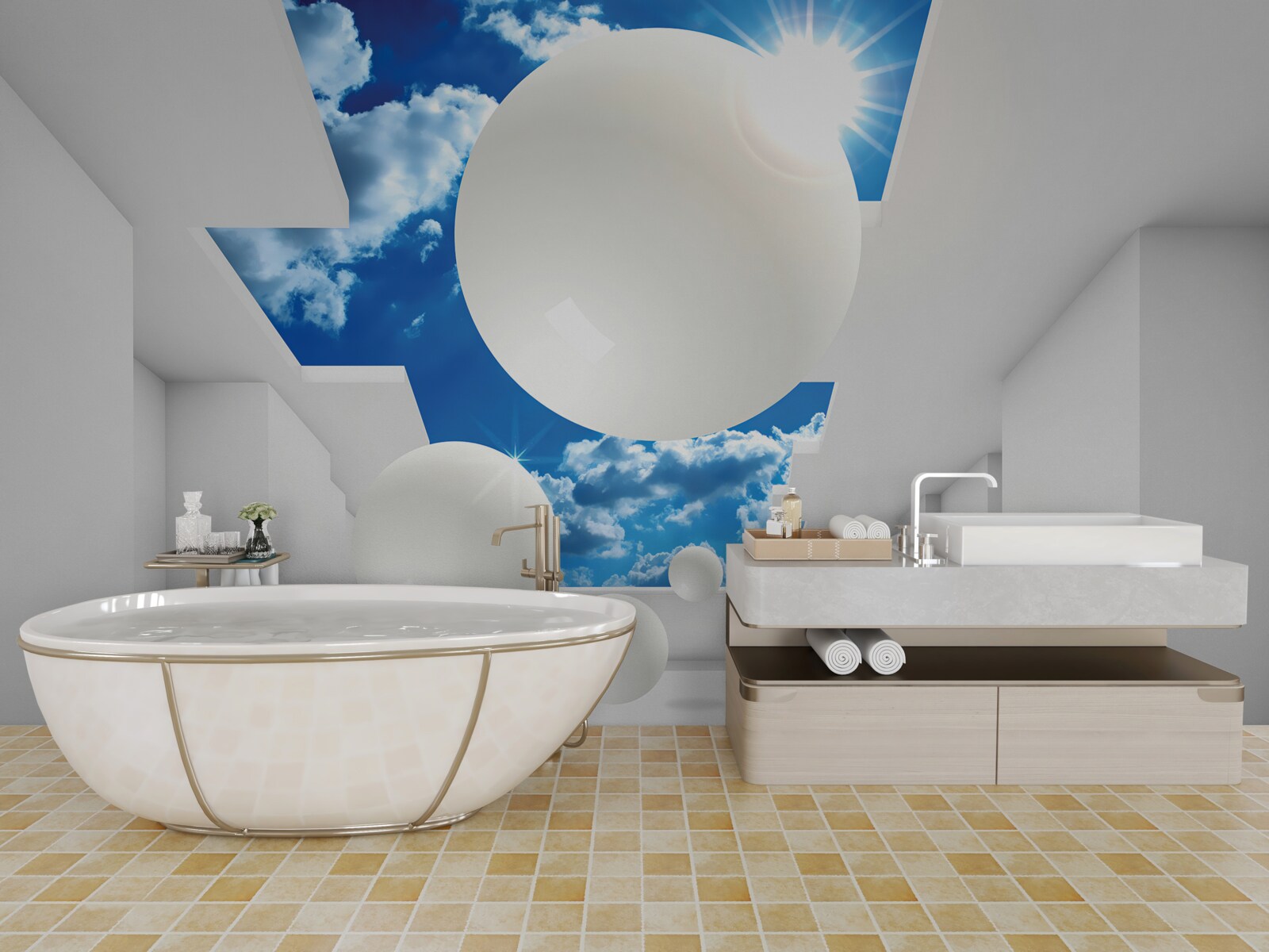 Fotobehang grote witte ballen tegen een achtergrond van lucht en zon