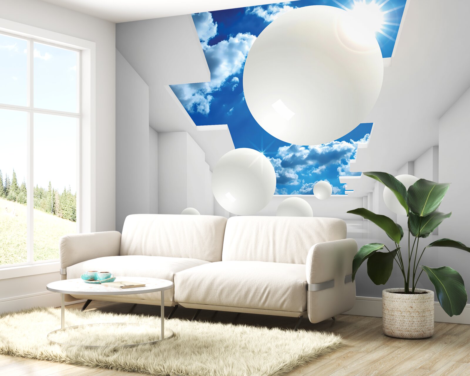 Fotobehang grote witte ballen tegen een achtergrond van lucht en zon