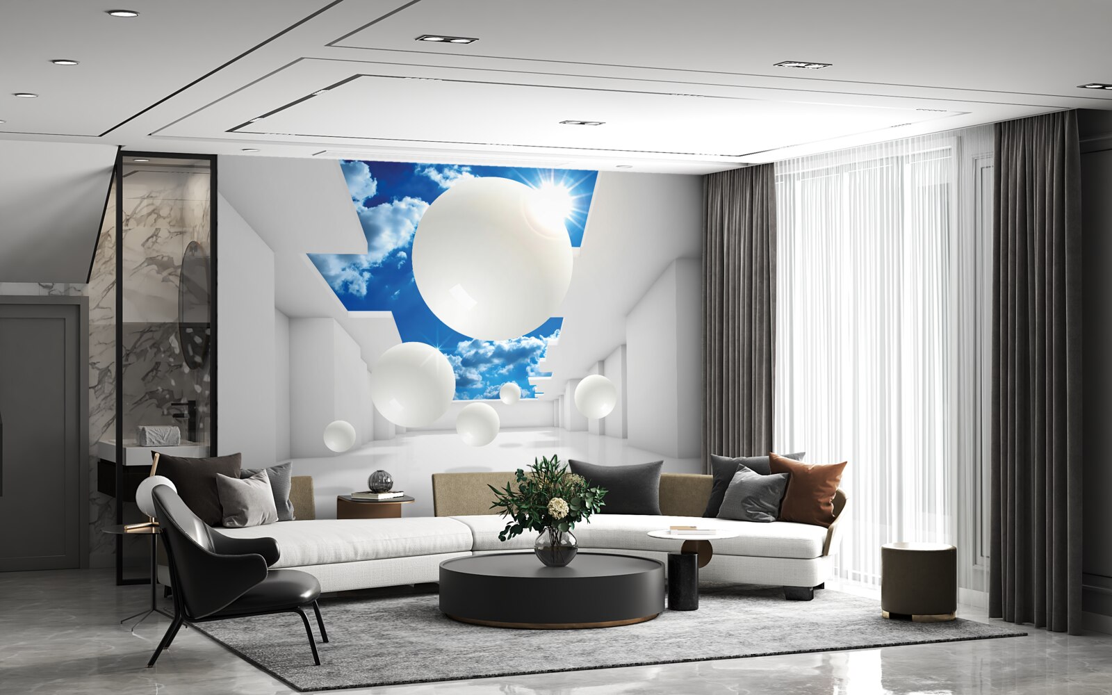 Fotobehang grote witte ballen tegen een achtergrond van lucht en zon