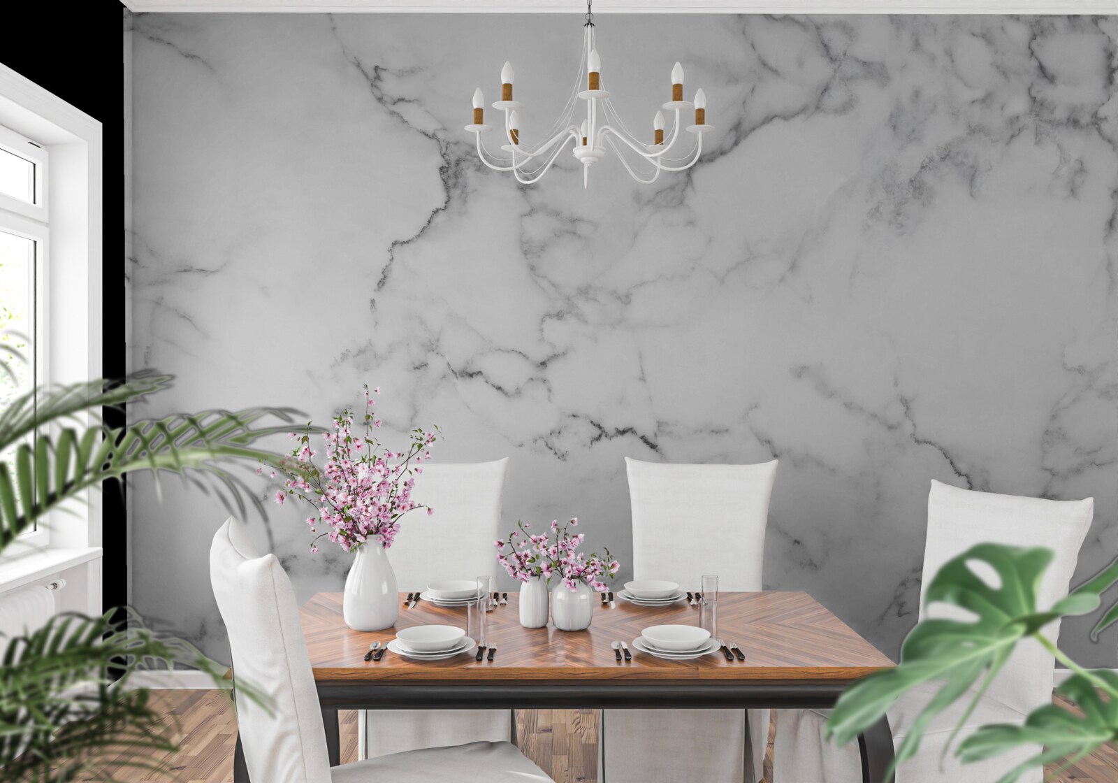 Fotobehang wit marmer met zwarte patronen