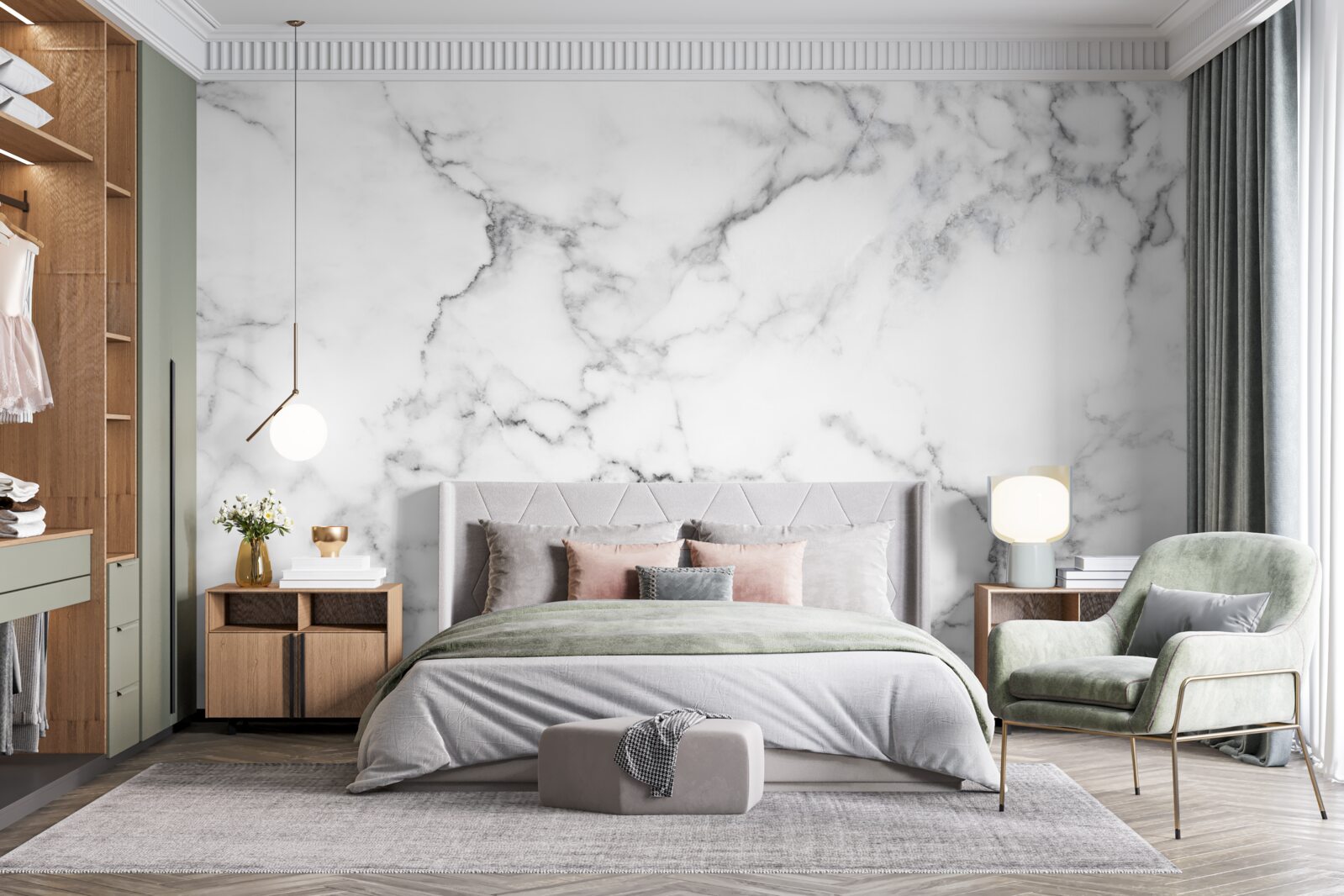 Fotobehang wit marmer met zwarte patronen