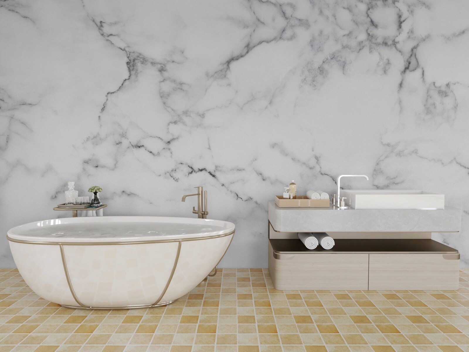 Fotobehang wit marmer met zwarte patronen