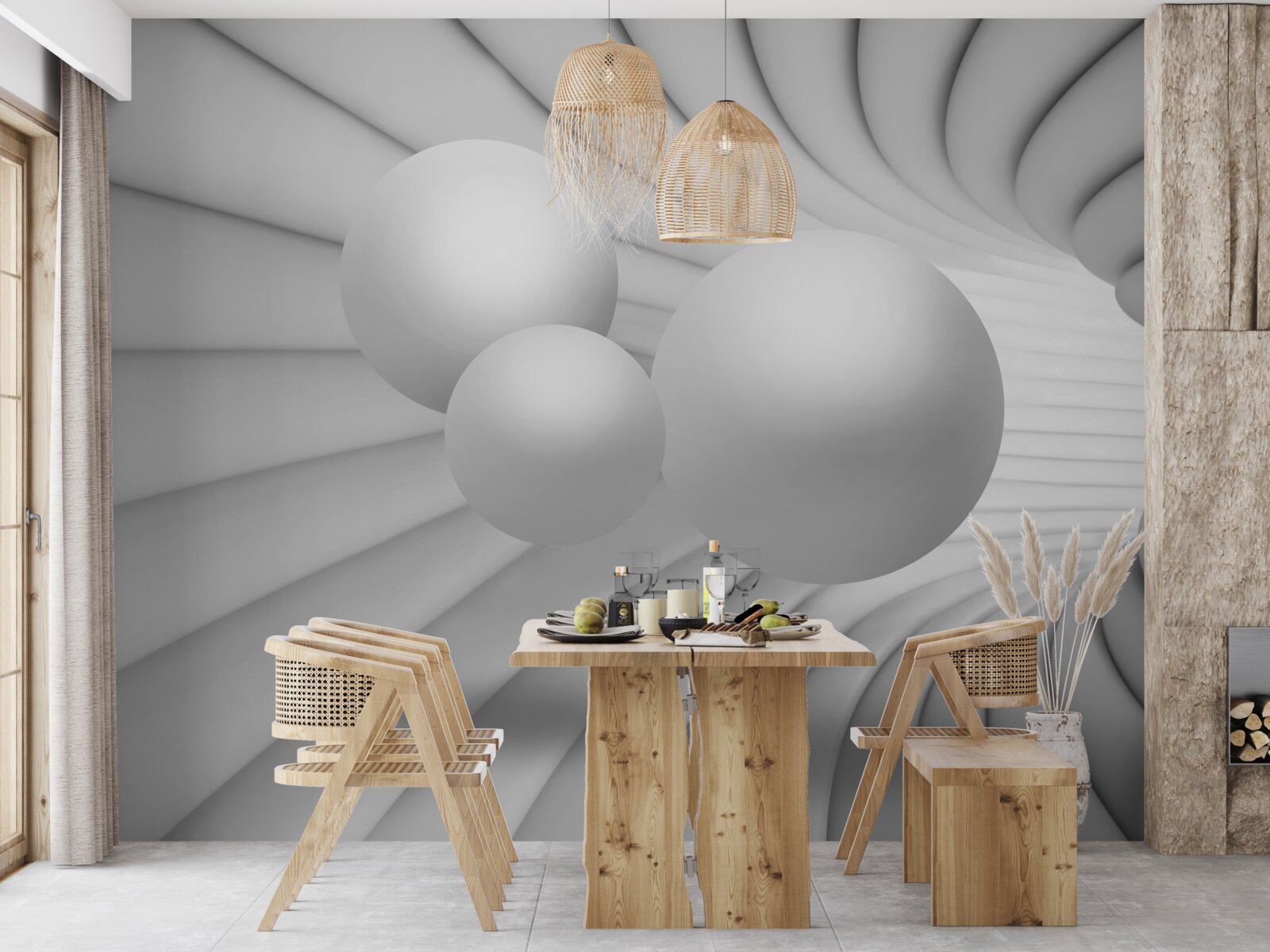 Fotobehang het perspectief van de tunnel is gevuld met zilveren ballen