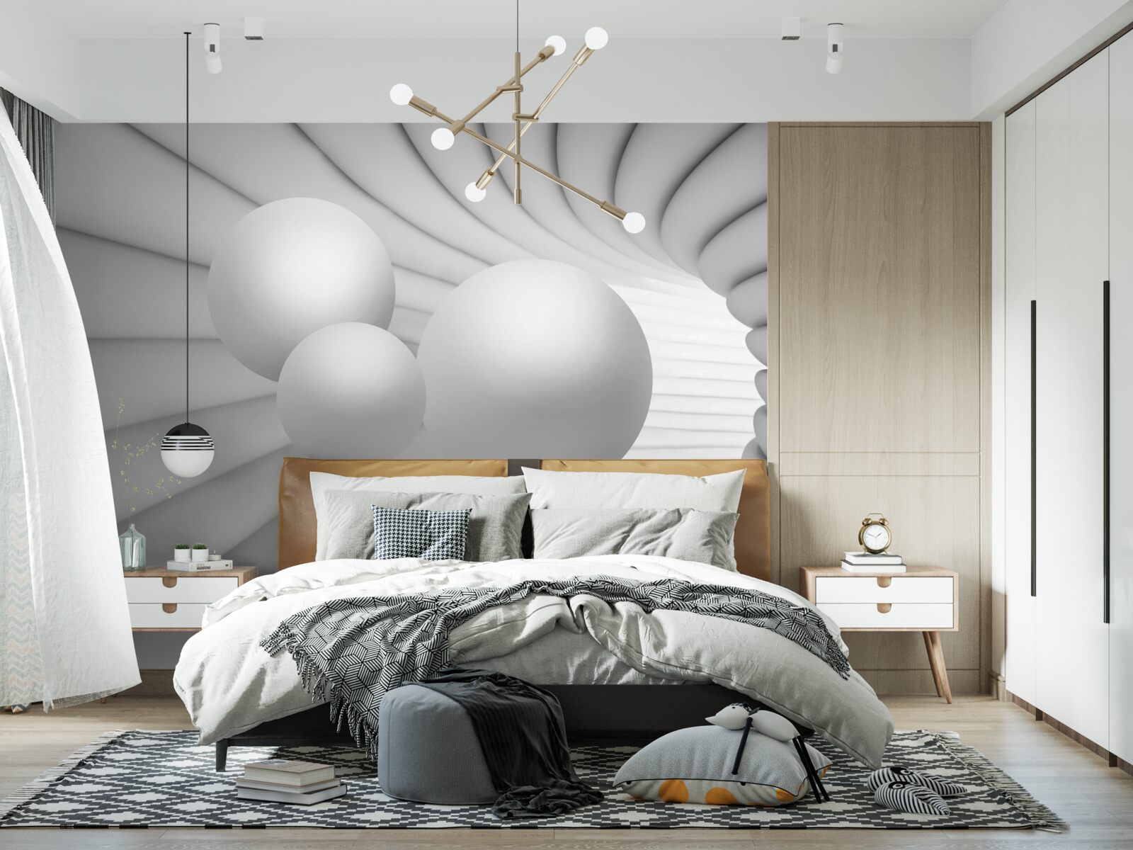 Fotobehang het perspectief van de tunnel is gevuld met zilveren ballen