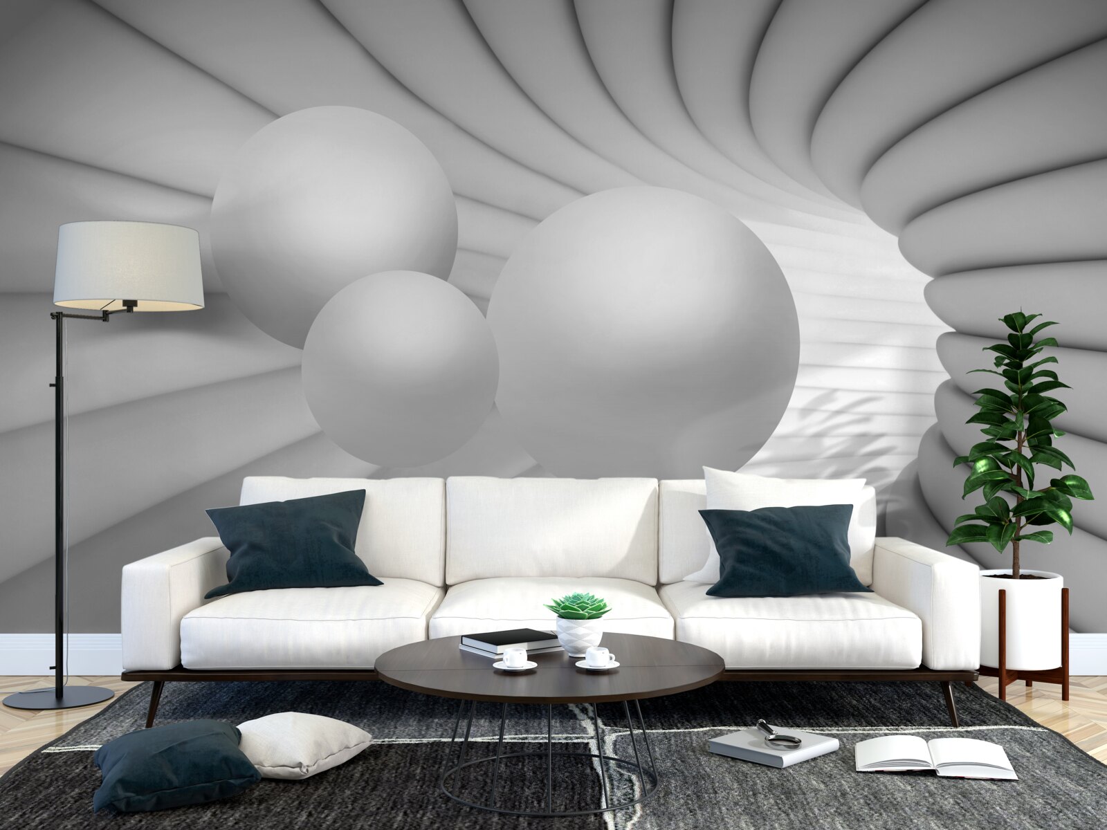 Fotobehang het perspectief van de tunnel is gevuld met zilveren ballen