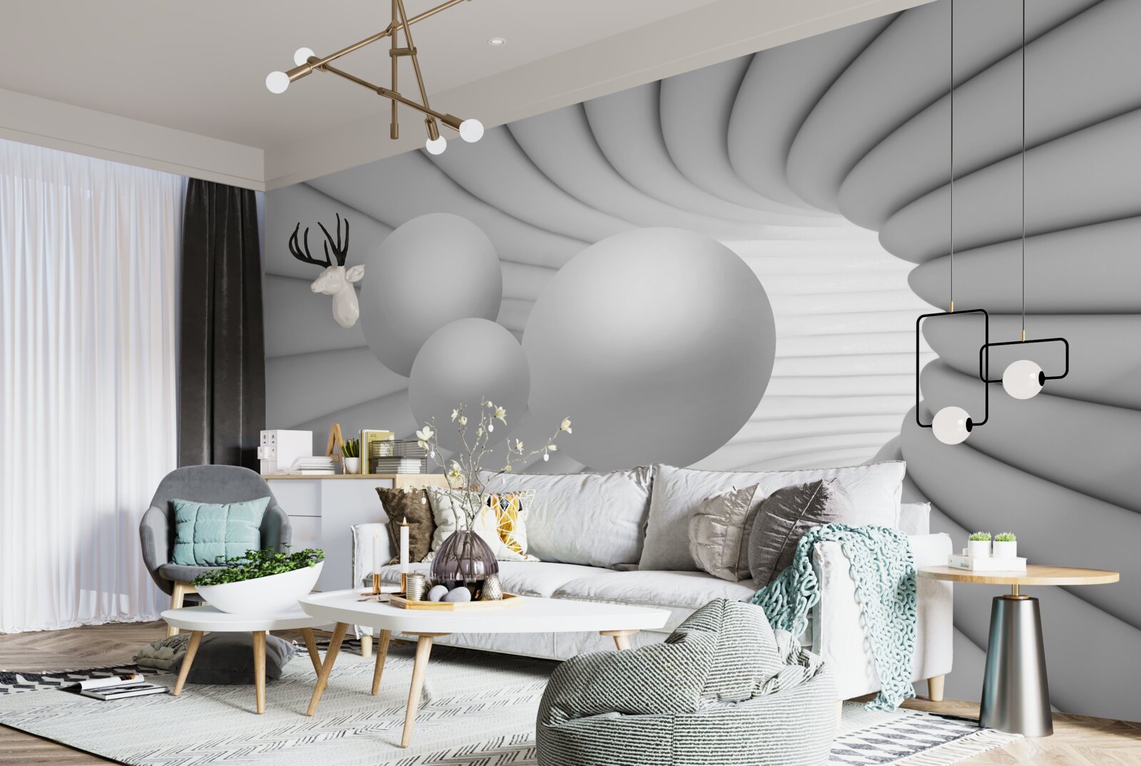 Fotobehang het perspectief van de tunnel is gevuld met zilveren ballen