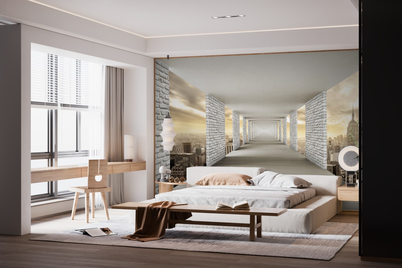 Fotobehang eindeloze tunnel die boven de stad hangt