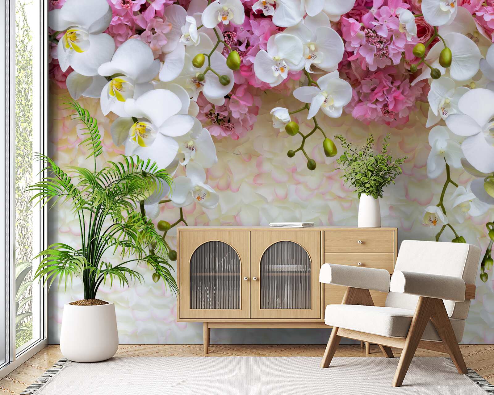 Fotobehang takken van verschillende orchideeën gaan naar beneden