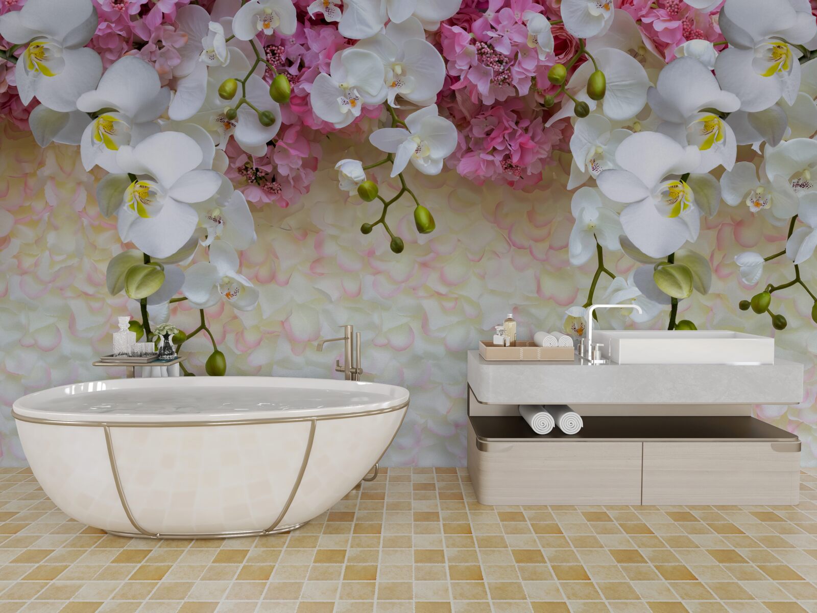 Fotobehang takken van verschillende orchideeën gaan naar beneden