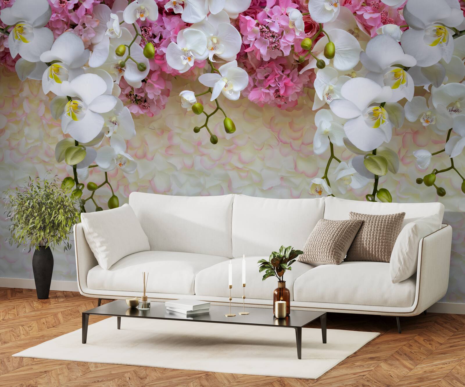 Fotobehang takken van verschillende orchideeën gaan naar beneden