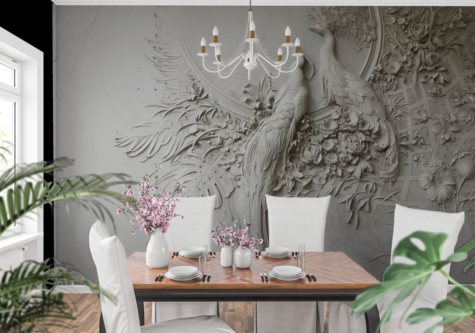 Fotobehang pauwenfamilie in volle bloei in een boom