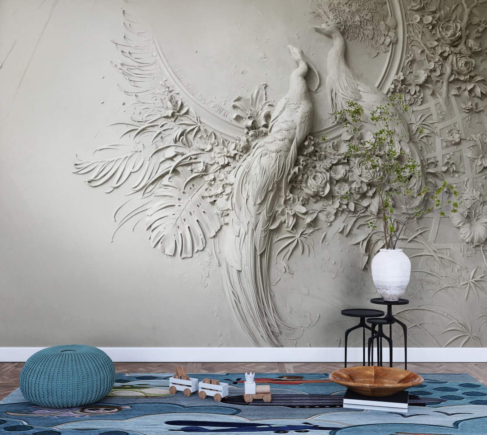 Fotobehang pauwenfamilie in volle bloei in een boom