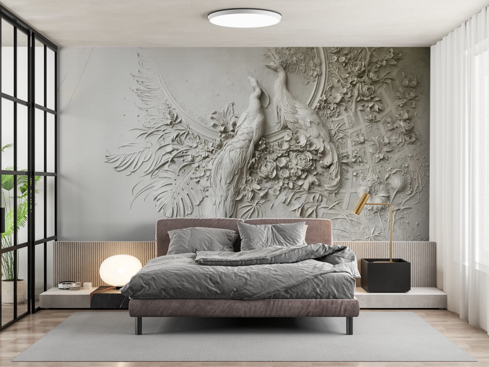 Fotobehang pauwenfamilie in volle bloei in een boom