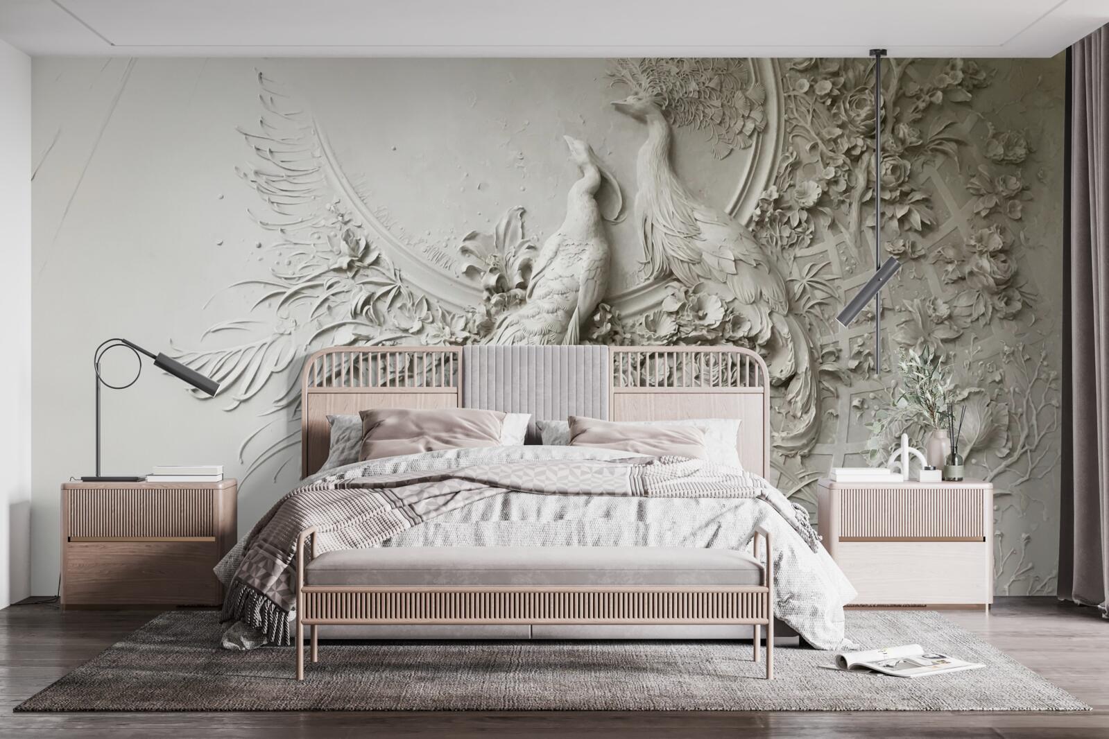 Fotobehang pauwenfamilie in volle bloei in een boom