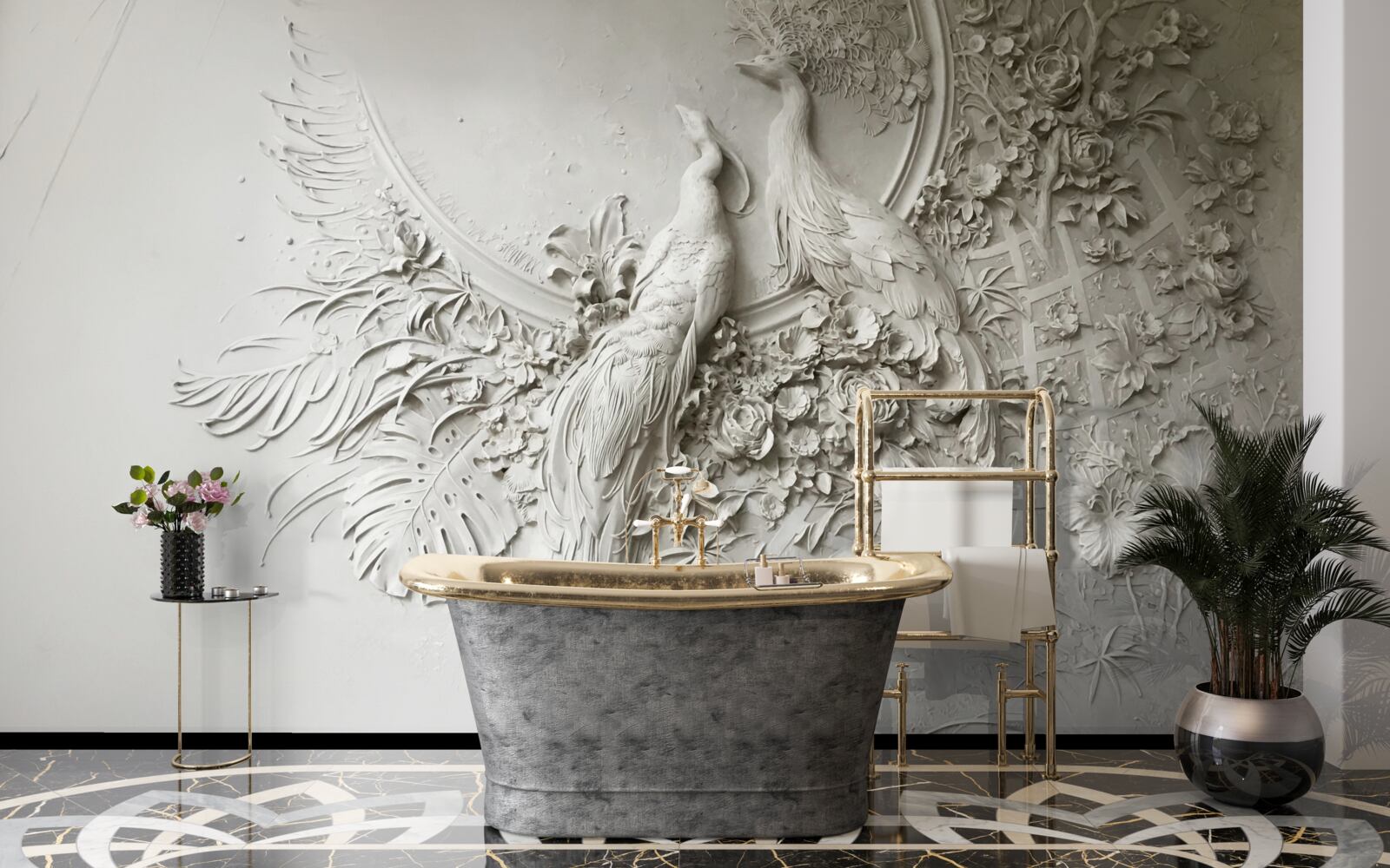 Fotobehang pauwenfamilie in volle bloei in een boom